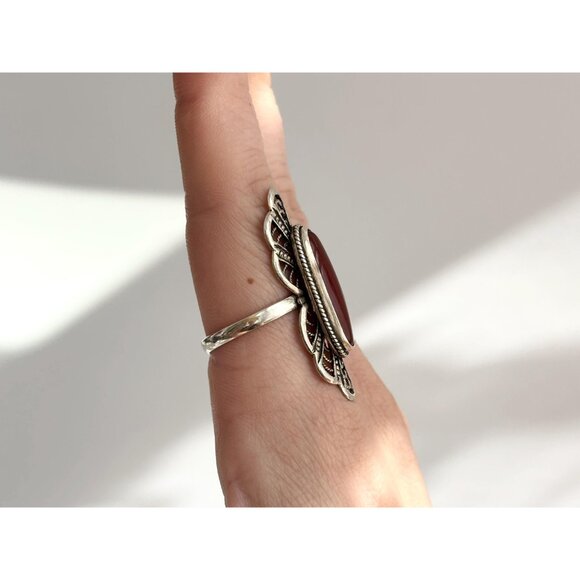 Carnelian Accented Southwest Scalloped 925 Sterling Silver Vintage Ring - sz 8 - Picture 10 of 12